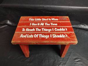 lot 854 image: Humorous Red Wooden Step Stool with Painted Text, 7 inches tall