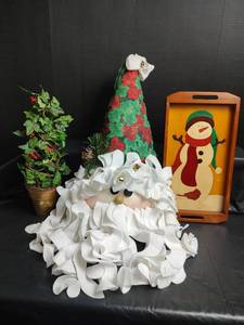 lot 866 image: Christmas Holiday Decorations with Santa, Wooden Snowman Tray, and Christmas Tree