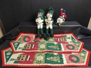 lot 867 image: Christmas Snowman Figurines with Holiday Quilted Table Runner