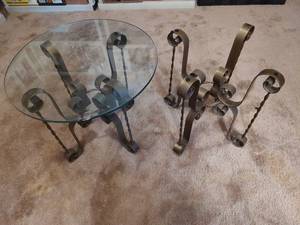 lot 889 image: Wrought Iron Glass Top End Tables, 23in x 20in (only has 1 glass piece - see pics for damage)