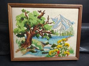 lot 898 image: Framed Mountain Lake Landscape, Hand Stitched 17 x 14
