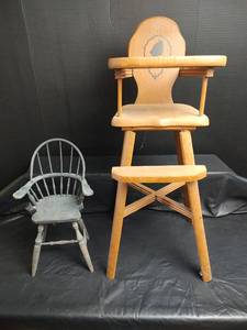 lot 913 image: Wooden Doll High Chair, Needs Repairs and Doll Windsor Style Armchair