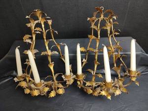 lot 935 image: Gold Toned Metal Leaf Wall Candelabra Set, 18.5 inches tall