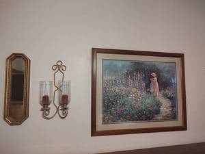 lot 966 image: Home Decor - Framed Garden Print, Octagonal Gold Mirror, and Wall Candle Sconce Set
