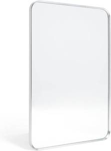 lot 3847 image: $80 Wall Mount Bathroom Mirror, Brushed Silver Metal Frame (24x36)