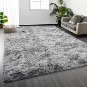 lot 3871 image: $180 Deerhoo Large Shag Area Rug 9x12, Tie-Dyed Plush Rug, Light Grey