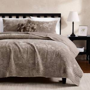 lot 3883 image: $64 WDCOZY Velvet Cal King Quilt Set - Striped Brown Taupe, 3pc