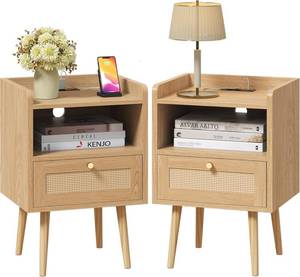 lot 3912 image: $99 MECHYIN Night Stand Set of 2 with Charging Station, Rattan Tables