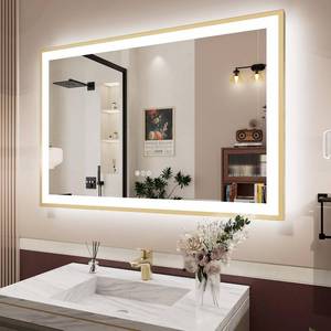lot 3977 image: $204 48x32 LED Bathroom Mirror with Gold Frame, Backlit & Front Lit