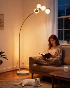 lot 4049 image: $70 Lightdot 63IN Gold Floor Lamp 3-Lights Globe LED with 3000K Warm