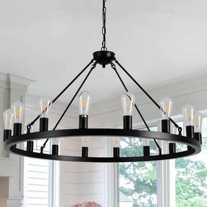 lot 4055 image: $179 40 Black Wagon Wheel Chandelier, E26, 16-Light Rustic Pendant