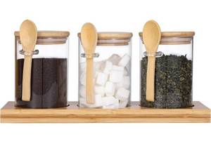 lot 1324 image: Glass Spice Storage Container with Spoon, 3PCS 20oz Airtight Sealed Condiment Jar with Tray, Kitchen Pantry Seasoning Canister Set for Salt Coffee Sugar Tea & Bathroom Cotton Swab Ball