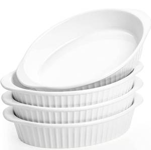 lot 1334 image: Foraineam 4 Pack 15 oz White Porcelain Oval Baking Dishes, 8.8 x 5.5 x 1.8 Inch Au Gratin Pans Small Table Serving Dish, Lasagna Pan Cr�me Brulee Bakeware Set with Double Handles, Dishwasher Oven Safe