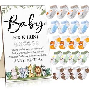 lot 1342 image: Hoteam 21 Pcs Baby Shower Games Include Baby Sock Hunt Sign and 20 Pair Small Cotton Socks Wooden Table Sign with Holder for Gender Reveal Party Favors(Animal Style)