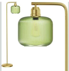 lot 1351 image: Glass Floor Lamp for Living Room, Modern Standing Lamp with Green Ribbed Glass Lampshade and Pedal Switch, 66 Tall Lamp &amp Gold Floor Lamp for Bedroom Study Room,Brushed Gold