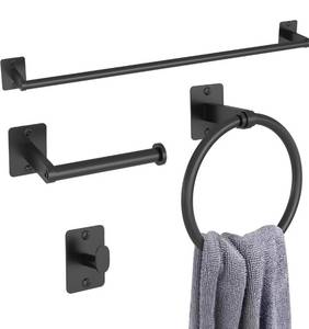 lot 1374 image: Matte Black Bathroom Accessories Set, KLJKPA 4 Pieces Bathroom Hardware Set, 24 inch Towel Bar, Towel Racks for Bathroom, Robe Towel Hooks, Toilet Paper Holder Wall Mounted