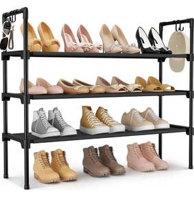 lot 1375 image: LANTEFUL 3 Tier Shoe Rack for Closet, Shoe Organizer with 5 Hooks, Long Shoe Shelf Storage for Sneaker and Boot Stackable Free Standing Shoe Rack for Entryway, Garage, Small Spaces, Dorm