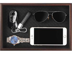 lot 1376 image: Zosenley Wooden Valet Tray with Leather Base - Nightstand Catchall Organizer for Cologne, Perfume, Keys, Wallet, Phone, Watch, Jewelry & Sunglasses (Black)