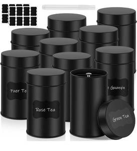lot 1379 image: Tanlade 10 Pcs Tea Tin Canister Metal Round Can with Airtight Lid Double Sealed Tea Tin Canisters, with 1 Erasable Chalk Marker and 16 Stickers for Loose Leaf Coffee Sugar, 14 oz