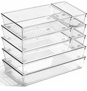 lot 1382 image: 8 Pack Large Clear Plastic Drawer Organizer Bins - Acrylic Bathroom Drawer Organizer Trays - Heavy Duty Kitchen Drawer Dividers for Utensils - Non-Slip Storage Bins for Makeup, Bedroom, Office Desk