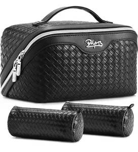 lot 1392 image: BOYATU Travel Makeup Bags for Women 3 Pcs Large Make up Bags Set - Vegan Leather Cosmetic Bag for Traveling - Waterproof Toiletry Organizer (L05 Black)