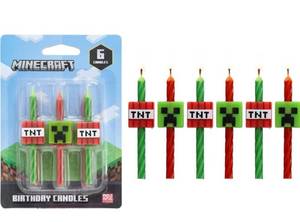 lot 1398 image: Minecraft Birthday Cake Candles  6 Birthday Candles for Cake Decorations, Red & Green Striped Candles, Cake Toppers for Minecraft Party