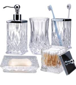 lot 1400 image: Bathroom Accessories Set,5 Pcs Clear Glass Bathroom Accessory Set,Complete Lotion Soap Dispenser,Toothbrush Holder, Soap Dish,Tumbler & Jar,Modern Bathroom Decor Sets Gift,Square