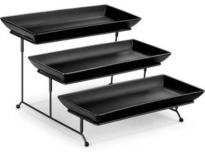 lot 1402 image: MALACASA 3 Tier Serving Trays for Party, Stoneware Serving Platters and Trays, 14 Inch Tiered Tray Stand, Fruit Tray, Trays for Serving Food, Black Dessert Stand with Collapsible Sturdier Metal Rack