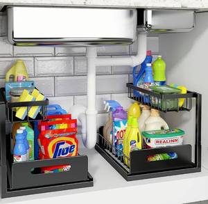 lot 1403 image: REALINN Under Sink Organizer, Pull Out Cabinet Organizer, 2 Tier Metal Slide Out Shelf with L Shaped Design for Kitchen, Bathroom, Laundry, and Utility Cabinet Storage for Deep Cabinets, Black, 2 Pack