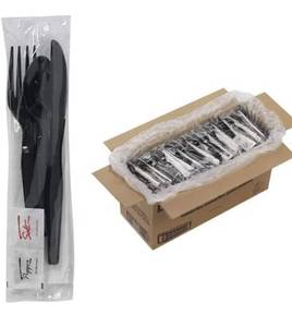 lot 1406 image: 250 Plastic Cutlery Packets - Knife Fork Spoon Napkin Salt Pepper Sets  Black Plastic Silverware Sets Individually Wrapped Cutlery Kits, Bulk Utensil Cutlery Set Disposable To Go Silverware