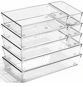lot 1414 image: 8 Pack Large Clear Plastic Drawer Organizer Bins - Acrylic Bathroom Drawer Organizer Trays - Heavy Duty Kitchen Drawer Dividers for Utensils - Non-Slip Storage Bins for Makeup, Bedroom, Office Desk
