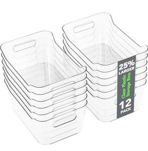 lot 1415 image: Tiawudi 12 Pack Plastic Storage Bins, Multi-Use Organizer Bins, Pantry Organizer, Clear Storage Containers for Home, Kitchen, Office, Cabinet, Shelf and Fridge Organization