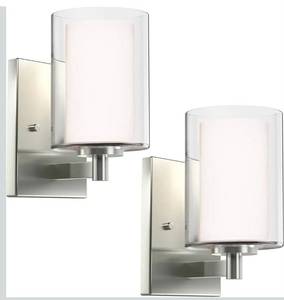 lot 1437 image: Kalium Wall Sconces Set of Two Modern Vanity Lights with Double Clear Glass Shade Brushed Nickel Indoor Farmhouse Wall Light for Bathroom Living Room Bedroom Mirror Hallway Bulb E26 Base (2PCS)