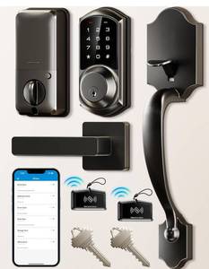 lot 1438 image: Veise VE06-H Smart Front Door Lock Set, App Control, Keyless Entry Deadbolt with Lever Handle, Electronic Digital Touchscreen Keypad, Auto Lock, Easy Install, Matte Black