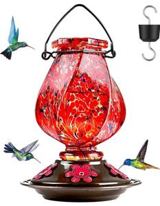 lot 1443 image: BOLITE Hummingbird Feeder, Hand Blown Glass Hummingbird Feeders for Outdoors Hanging, with Ant Moat and 5 Feeding Ports, 22 Ounces, Red, Birthday Gifts for Women Men, Gifts for Mom Dad