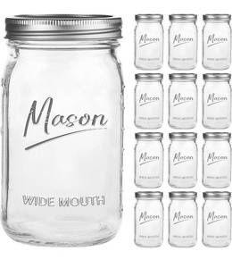 lot 1455 image: Mason Jars 32 oz,12 Pack Quart Wide Mouth Mason Jar With Airtight Lids,Glass Canning Jars for Fermenting, Pickling,Meal Prep,Overnight Oats & Centerpieces