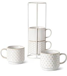 lot 1456 image: LE TAUCI Stackable Coffee Mugs Set with Stand, Ceramic Embossment Coffee Cups for Au Lait, Cappuccino,Latte,Cafe,Mocha,Tea, Suit For Housewarming Wedding - 12 oz, Set of 4,Arctic white