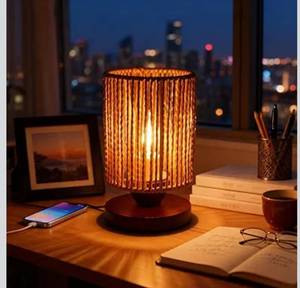 lot 1457 image: Handmade Rattan Lamp Boho Table Lamp for Bedroom, Small Woven Lamps for Night Stands with Warm White LED Bulb, Coastal Boho Lamp for Living Room Reading Nook Office Desk, 12cm Shade 20cm Height
