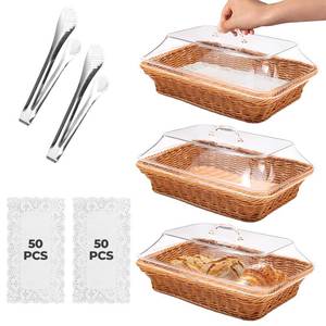 lot 1466 image: Rattan Bread Baskets, 3 Pack, rectangular Woven Baskets with Acrylic Lids, 13.8 x 9.8 inches, Stainless Steel Tongs, Lace Doilies, for Bread, Fruit, Food Display