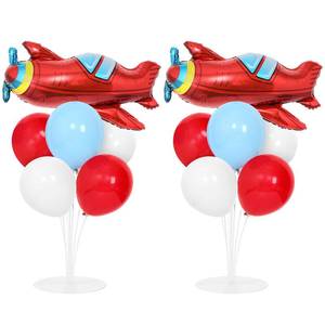 lot 1471 image: Airplane Birthday Party Balloons Stand Kit 2 Sets with 2 Plane Helicopter Foil Balloons Red Blue White Balloon Centerpiece for Tables for Adventure Time Flies Birthday Baby Shower Party Decoration