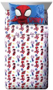lot 1482 image: Jay Franco Kids Sheet Set with Fitted, Flat Sheets & Pillow Cover - Ultra-Soft Bedding with Pillowcase for Room Decor, White - Spidey & Friends, 3 Piece Twin