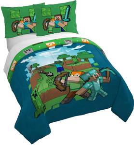 lot 1485 image: Jay Franco Duvet Cover Set 3 Piece Comforter Cover and Sham Set, Super Soft Cozy Kids Bedding (Insert Not Included) Blue - Minecraft, Queen