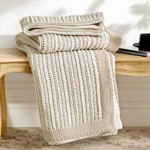 lot 1501 image: Am�lie Home Striped Knit Throw Blanket for Couch, Dual-Sided Soft Chenille Decorative Blankets for Sofa & Chair, 50x60, Khaki & White