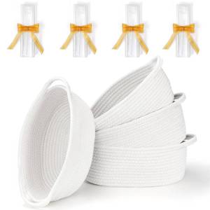 lot 1528 image: 4 Pack Small Woven Basket with Handles, All 12x 8x 5, Cotton Rope Room Shelf Storage Basket, Cat Toys, Cute Baby Gift Basket with Gift Bags and Ribbons for Nursery, Empty Decorative Gift Chest Box