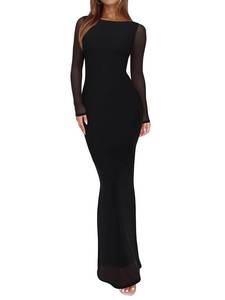 lot 1529 image: REORIA Womens Spring Mesh Sheer Long Sleeve Wedding Guest Dress Sexy Floral Bodycon Maxi Long Dresses Black Onyx Medium