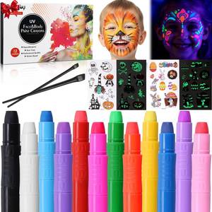 lot 1555 image: Beesjuy Glow Face Body Paint,12 PCS Glow In The Dark Under UV BlackLight, Face Painting Kits Neon Makeup Sticks for Kids Adult Halloween Birthday Glow Party Supplies