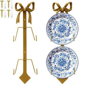 lot 1560 image: Zonon 1 Pack Gold Bow Plate Holder for Wall Bow Knot Iron Easel Display Rack Wall Mount Metal Plate Hanger Stand for Hanging Photo Frame Art Plaque for Cabinet Kitchen Counter Bar Cafe (18.5 x 7 Inch)