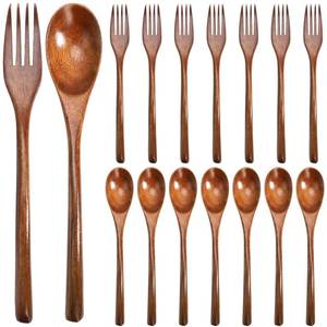 lot 1577 image: ELFULLY 16 Pcs 9 Wooden Spoons Forks Set, Wood Dinner Utensil Set for Eating, Kitchen Reusable Flatware Tableware, Natural Cutlery Include 8 Spoons and 8 Forks, for Cooking Home Restaurant, Brown