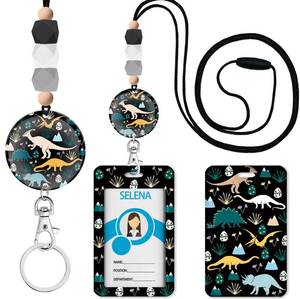 lot 1589 image: Mcapirivo Dinosaur Teacher Lanyards for ID Badges and Keys, Cute Silicone Beaded Breakaway Lanyard for Women Nurses Educators School, Keychain with Name Tag Badge Holder