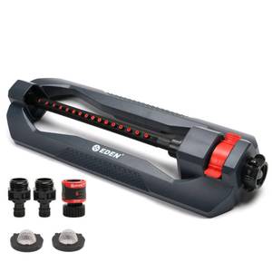 lot 1606 image: Eden 96213 Essential Turbo Oscillating Water Sprinkler, Covers Up to 3,600 sq. ft., 16 Nozzles, Weighted Base, Adjustable Range, Quick Connect Bundle, Dark Grey, Red, Silver